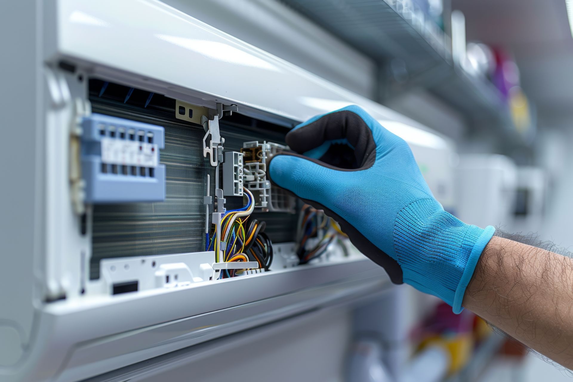 Main gantée de bleu ajustant le câblage à l'intérieur d'un panneau de commande électrique.