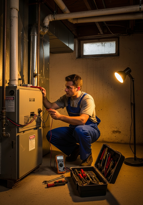 Un technicien est agenouillé près d'un tableau électrique dans un atelier sombre en sous-sol, utilisant des outils sous une lampe de travail.