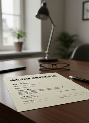 Un contrat posé sur un bureau en bois, à côté d'une lampe de bureau noire et d'un stylo, sur fond de bureau flou.