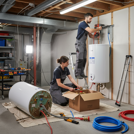 Deux techniciens installent un chauffe-eau blanc dans un sous-sol, à proximité d'outils et de tuyaux.