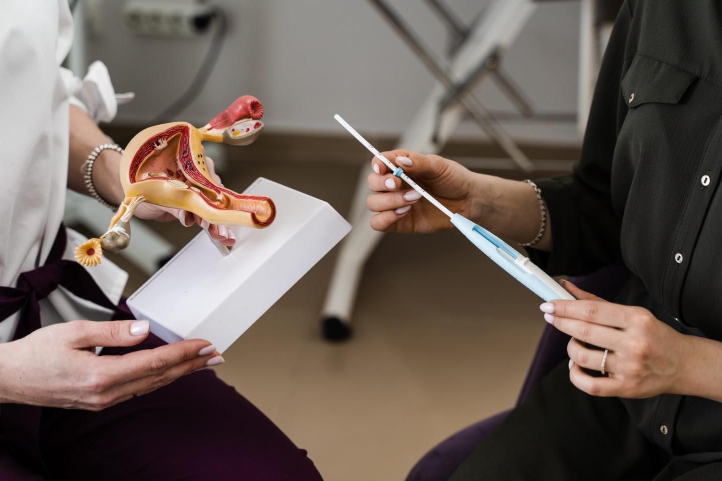 Dos personas examinando una pelvis de modelo y un portapapeles en un entorno clínico.
