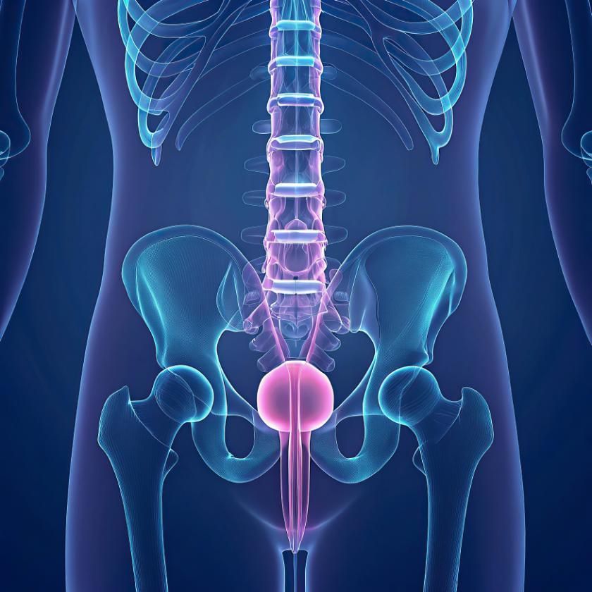 Ilustración de la pelvis y la columna lumbar con una próstata rosa brillante resaltada.