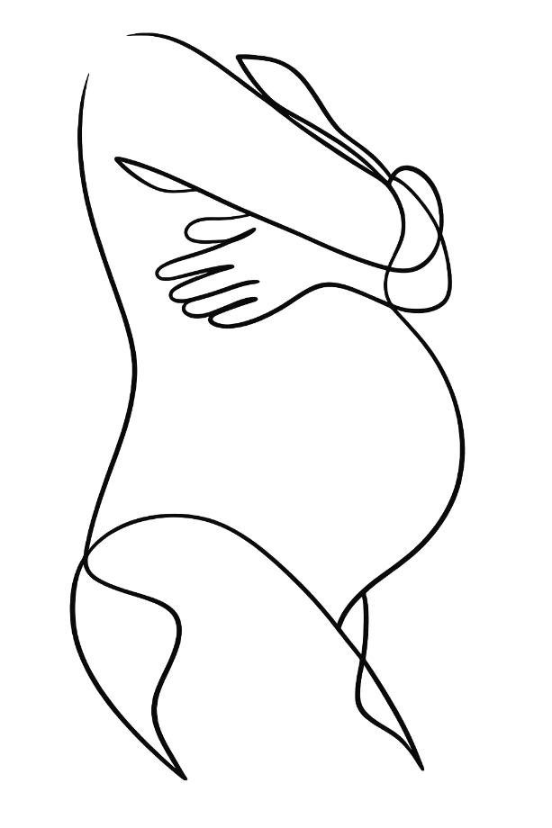 Dibujo minimalista en negro de un torso de mujer embarazada con los brazos cruzados sobre el pecho.