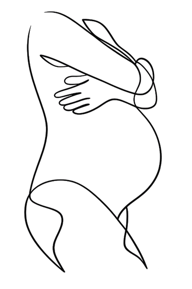 Dibujo minimalista en negro de un torso de mujer embarazada con los brazos cruzados sobre el pecho.