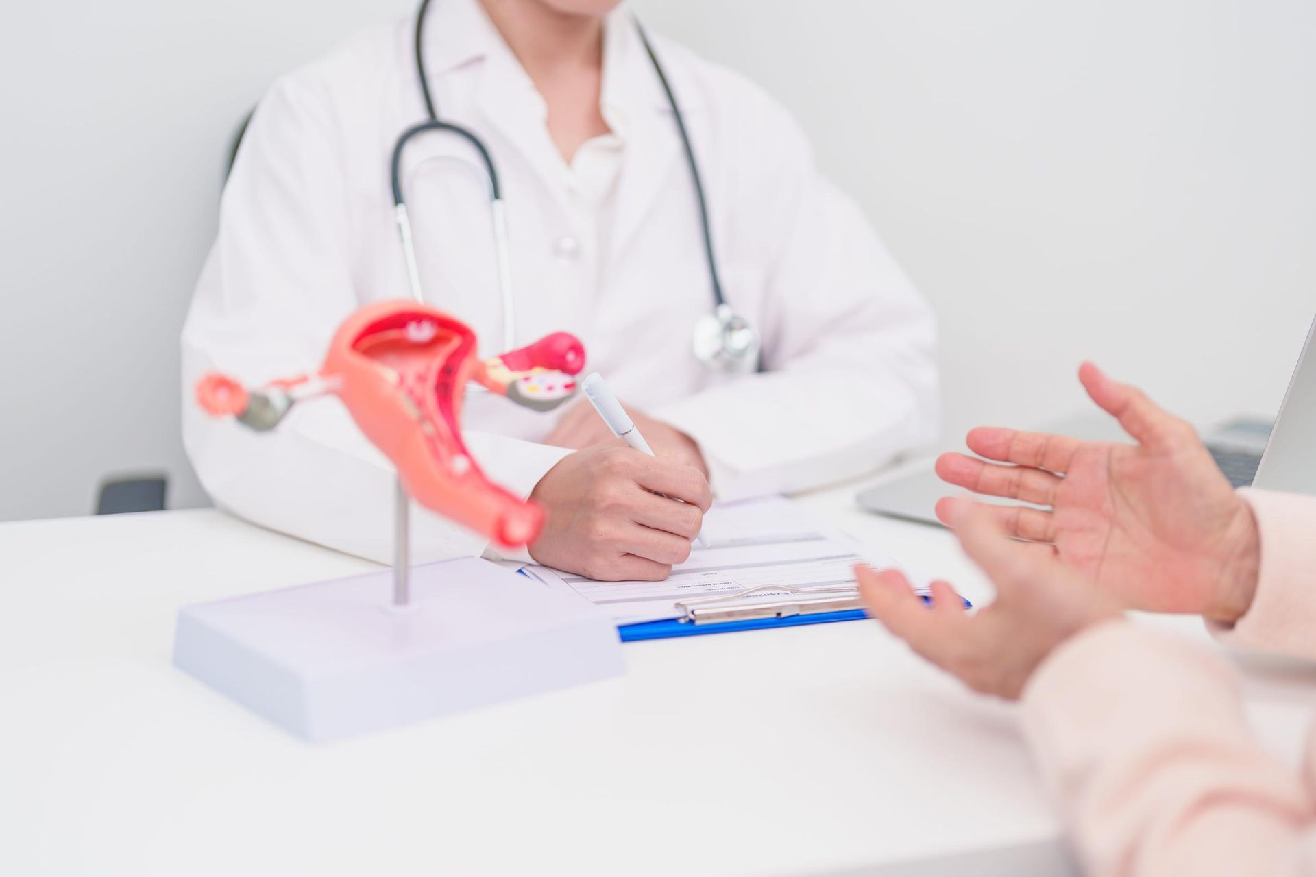 Doctor mostrando un modelo de útero durante una consulta con una paciente en un escritorio.