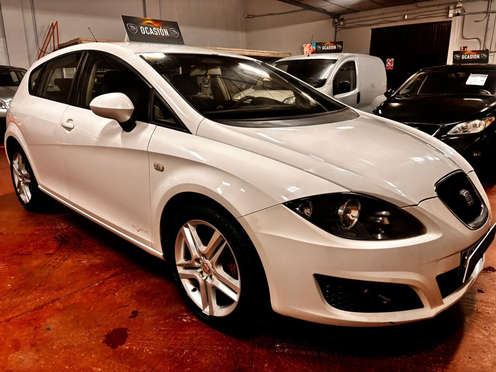 Un SEAT León blanco aparcado en el interior de una sala de exposición, con otros vehículos al fondo.