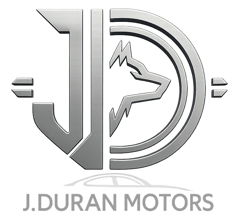 Logotipo plateado de J. Duran Motors con 