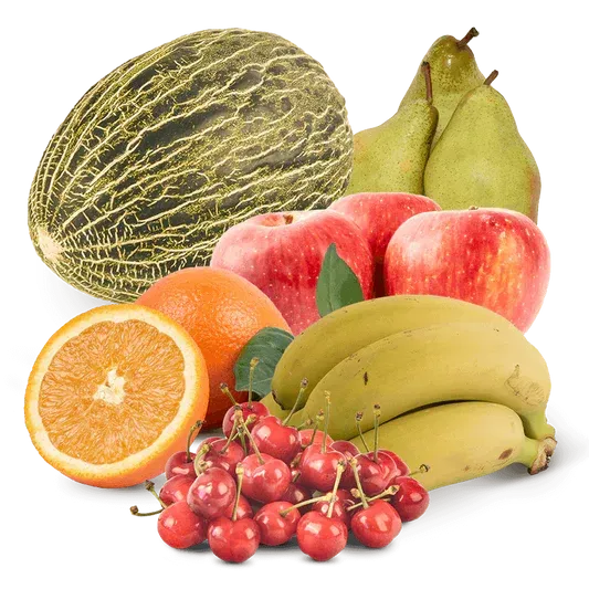 Una colorida variedad de frutas frescas, que incluía un melón, peras, manzanas, naranjas, plátanos y un montón de cerezas.