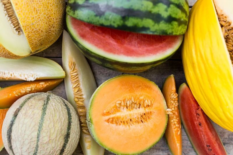 Una variedad de melones cortados en rodajas, entre ellos sandía, melón cantalupo y melón verde amarillo