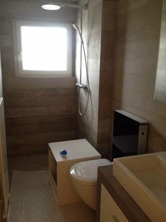 Ein Badezimmer mit Toilette, Waschbecken und Dusche.