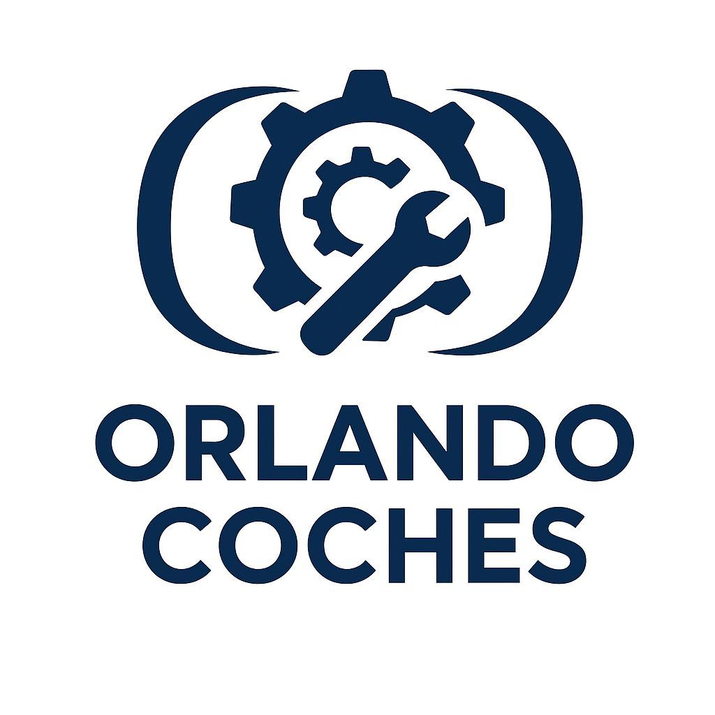 Logotipo de Orlando Coches. Engranaje azul oscuro, llave inglesa y texto sobre fondo blanco.