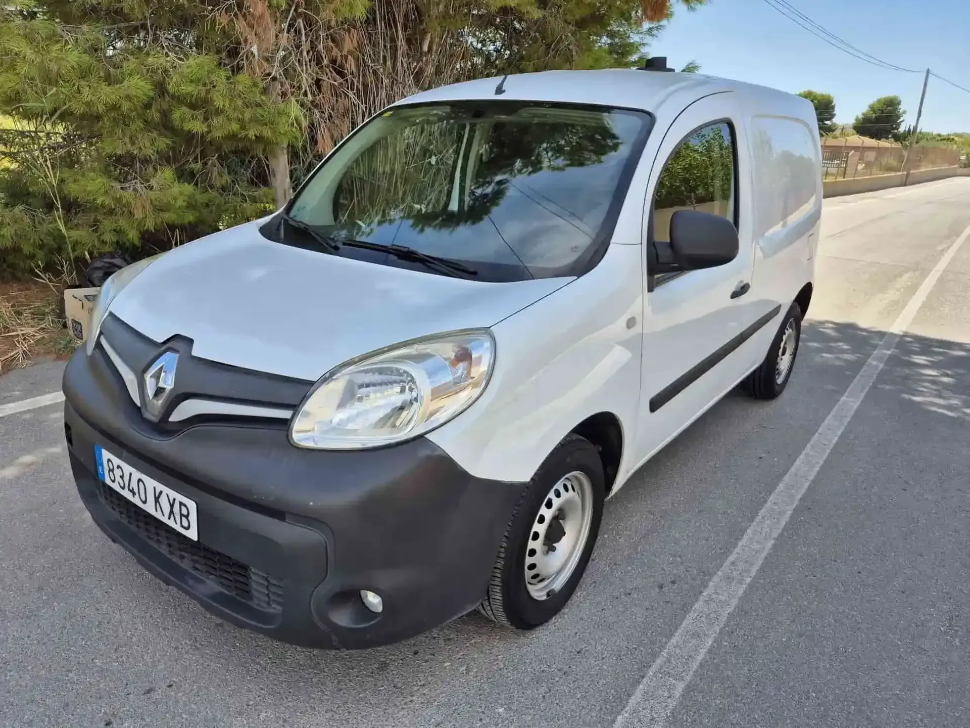 Furgoneta de carga Renault Kangoo blanca estacionada al costado de una carretera.