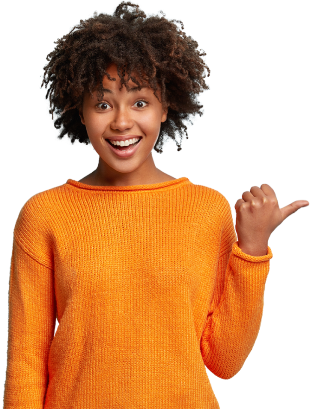 Femme avec un pull orange qui montre du doigt les points de contact.