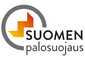 Suomen Palosuojauksen logo, jossa on tyylitelty liekki ja harmaa ympyrä.