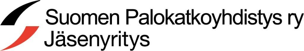 Suomen Palokatkoyhdistys ry:n logo, jossa on mustaa ja punaista tekstiä ja abstrakteja muotoja.