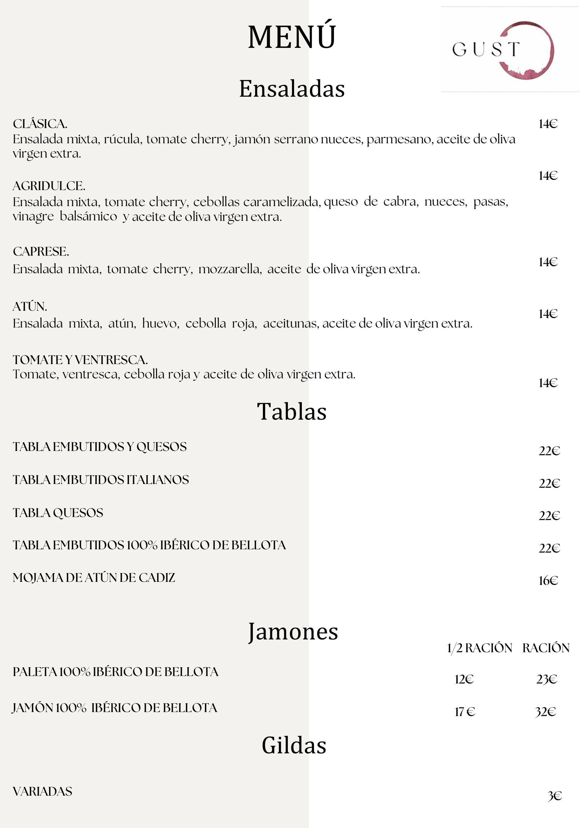 Menú de un restaurante llamado DUST, con ensaladas, tablas, jamones y gildas enumerados.