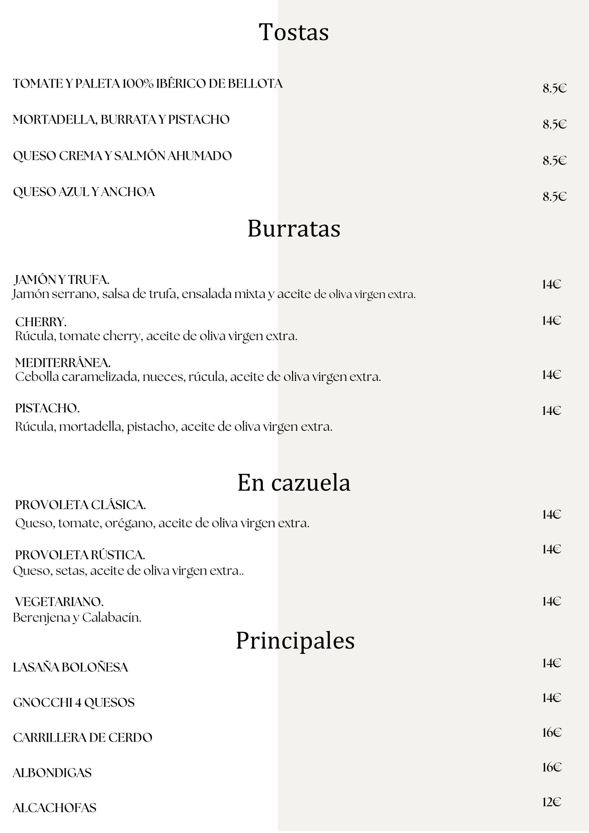 Menú con platos divididos en secciones: Tostadas, Burratas, En cazuela y Plato Fuerte.