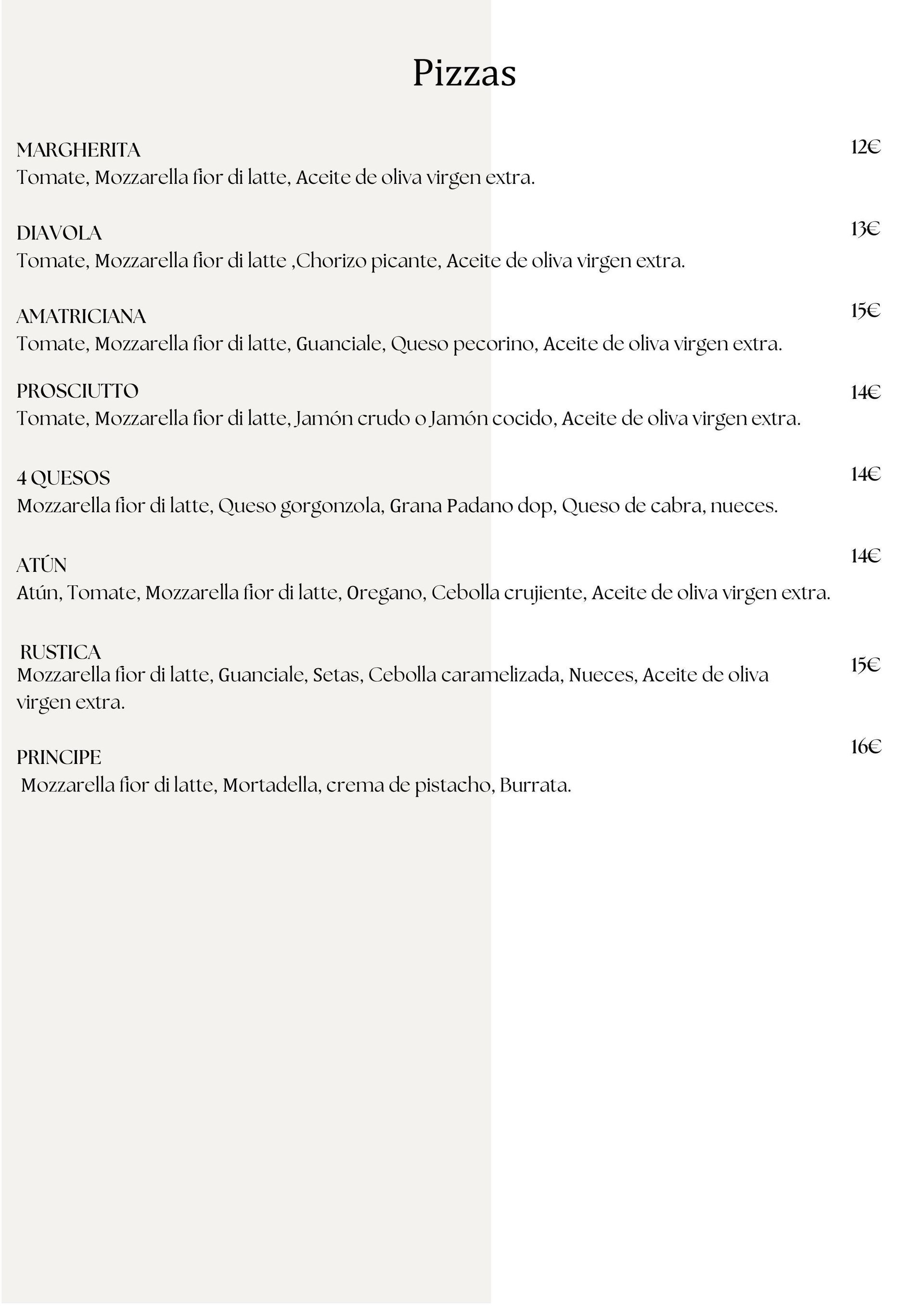 Menú con lista de pizzas con sus ingredientes y precios.