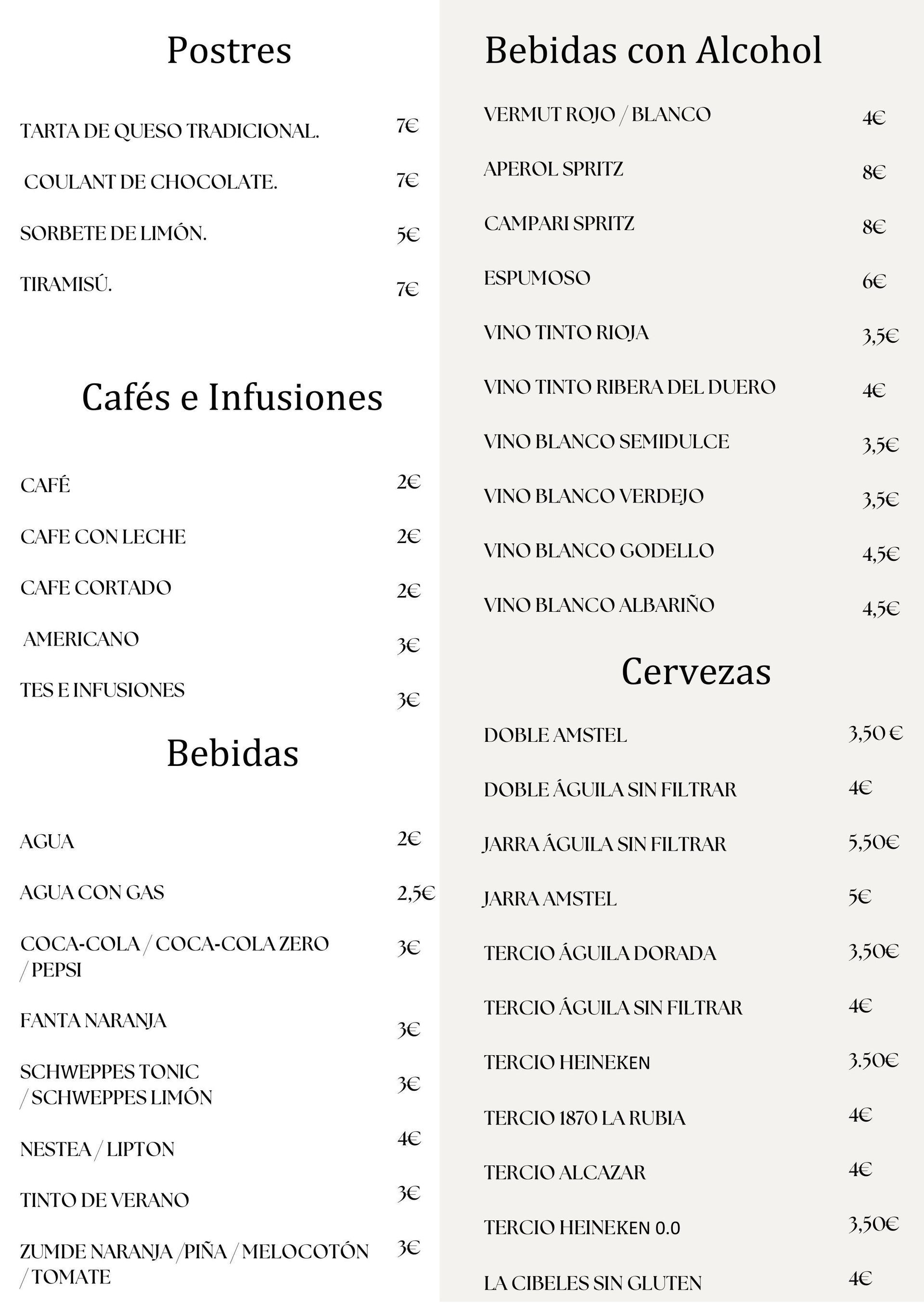 Tablero de menú con opciones de bebidas y comidas.
