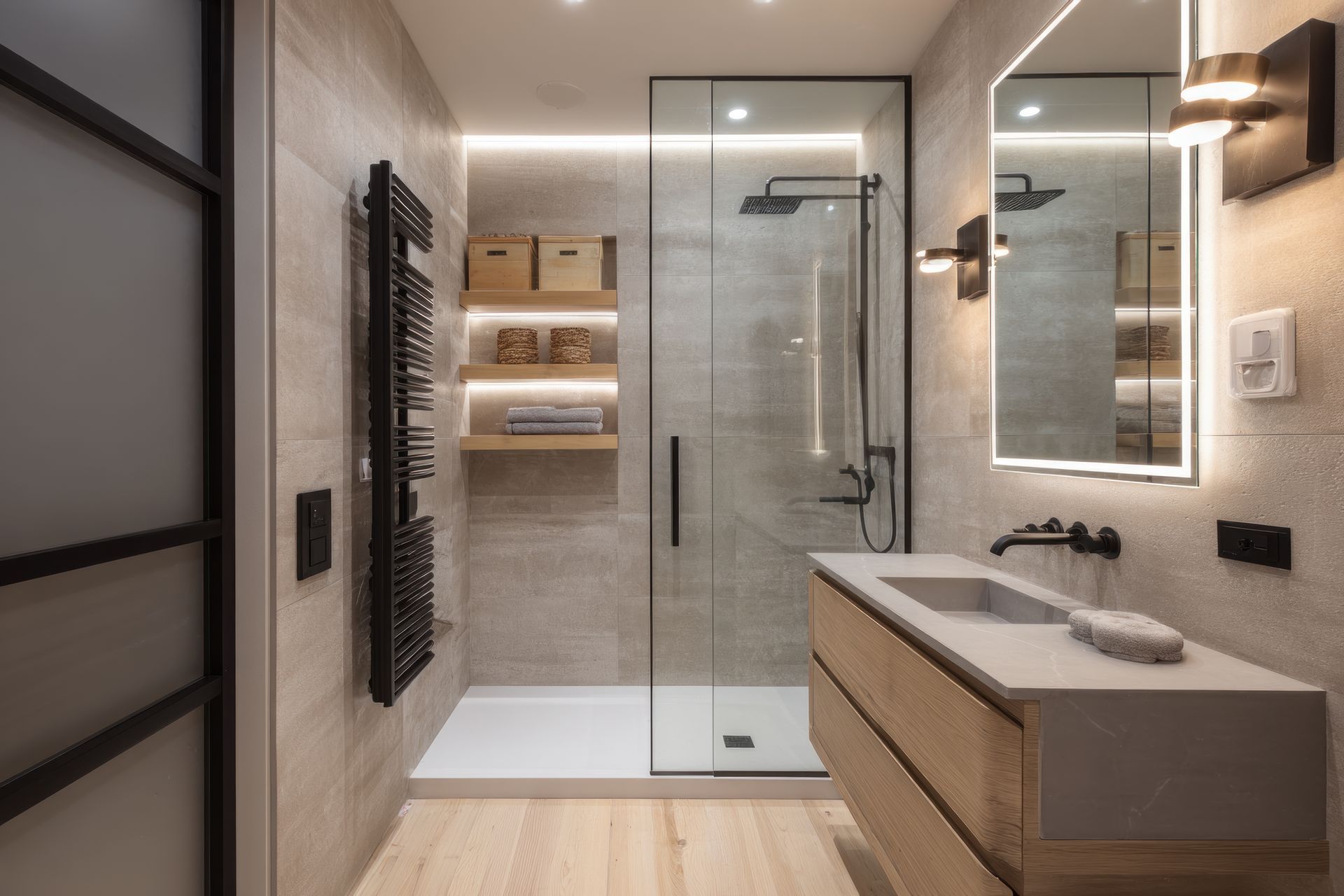 Salle de bains moderne avec douche en verre, meuble-lavabo en bois et porte-serviettes.