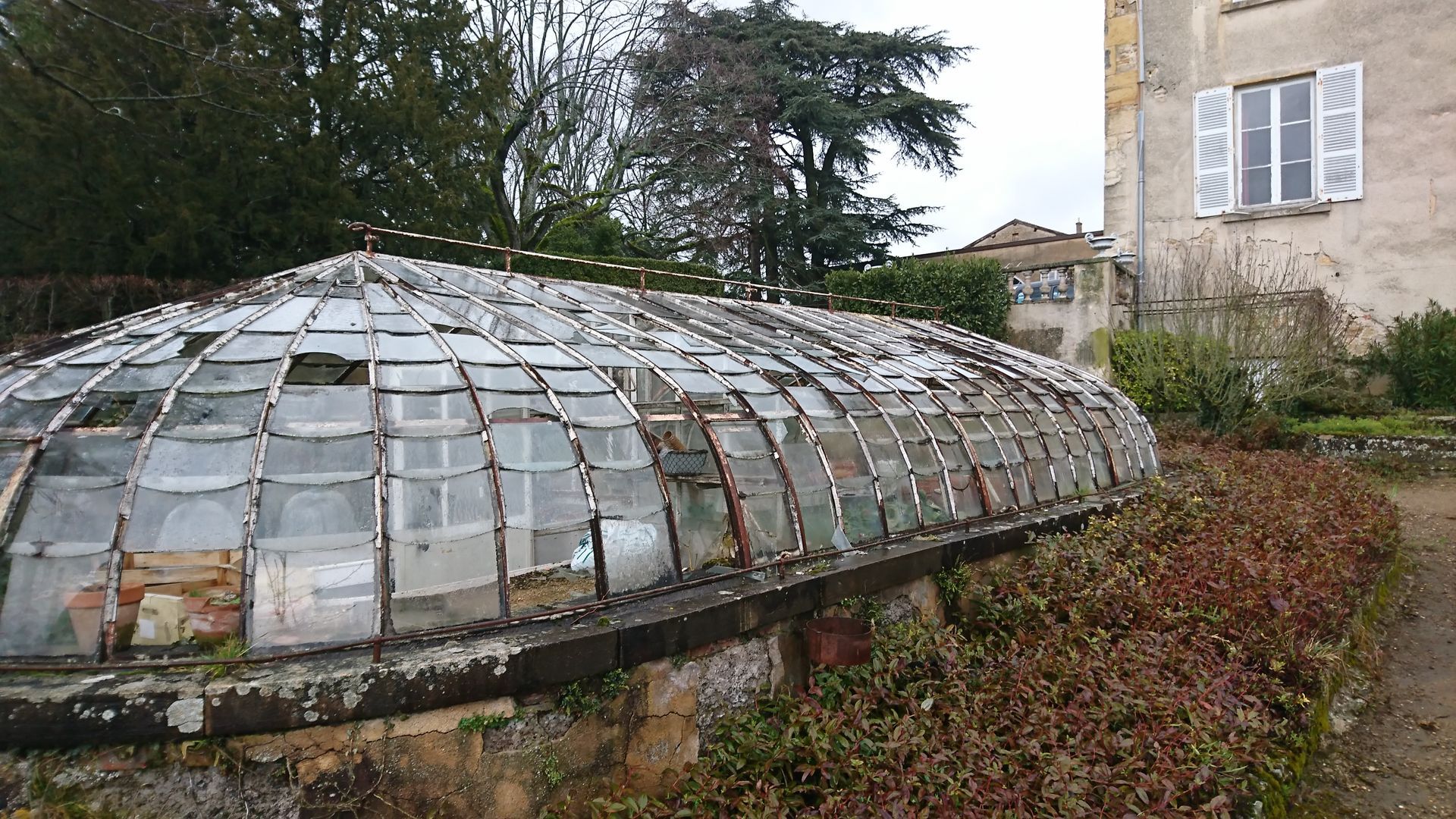 Une vieille serre délabrée aux vitres brisées se dresse dans un jardin, à côté d'un bâtiment aux murs clairs.