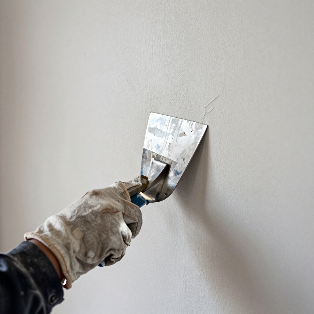Una mano con guante alisa el yeso de una pared blanca con una espátula