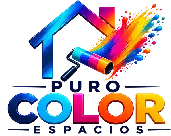 Logotipo para Puro Color Espacios, con el contorno azul de una casa y una salpicadura de pintura de colores con un rodillo