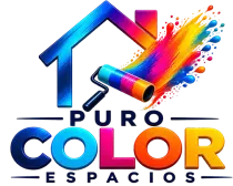 Logotipo para Puro Color Espacios, con el contorno azul de una casa y una salpicadura de pintura de colores con un rodillo