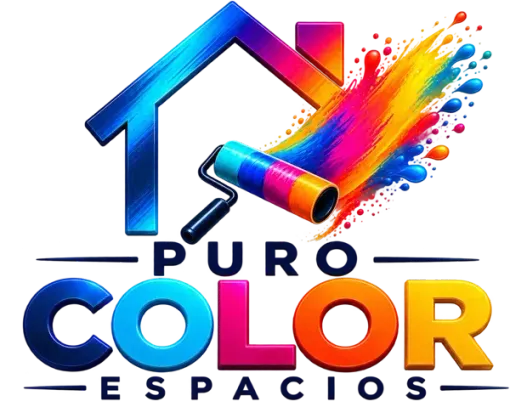 Logotipo para Puro Color Espacios, con el contorno azul de una casa y una salpicadura de pintura de colores con un rodillo