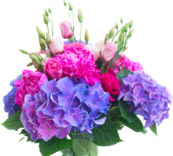 composition d'hortensia, de roses et de fleurs roses et bleutées