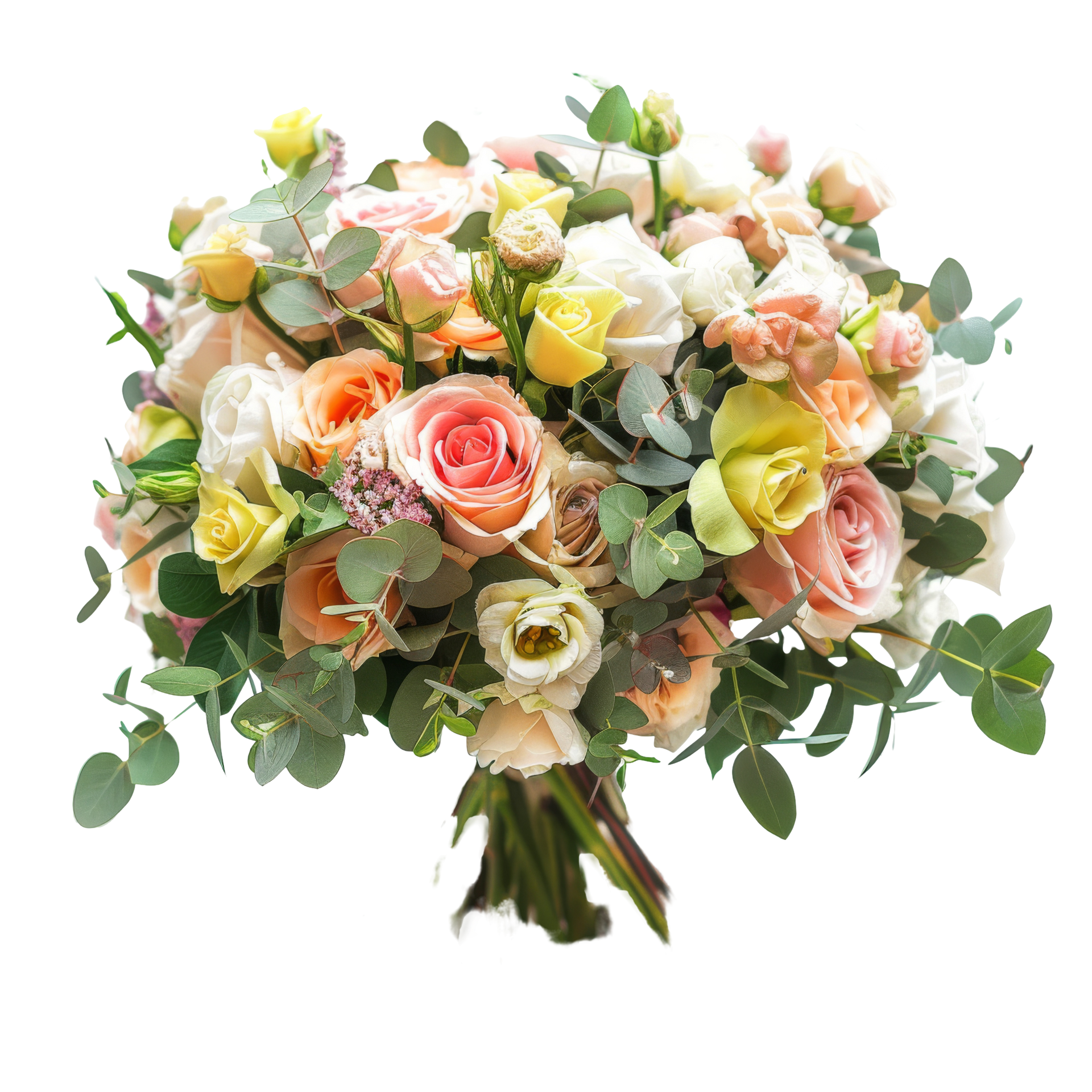 bouquet de mariée avec des roses blanches, jaunes et orangées sur fond transparent