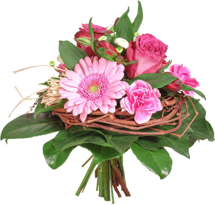 bouquet composé de feuilles, branches, gerberas et de roses aux tons roses