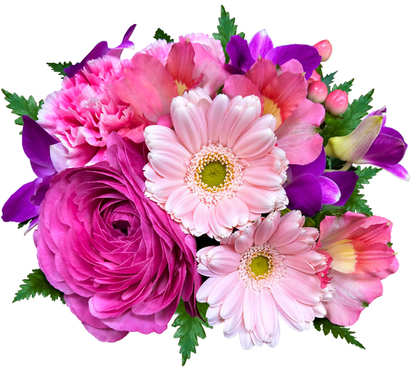 composition de fleurs roses et violettes comprenant des gerberas et des renoncules