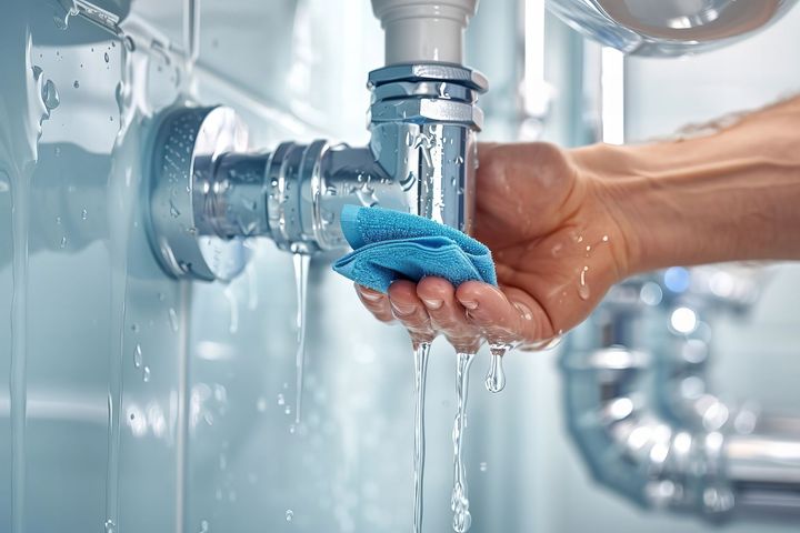 Une personne essuyant le siphon d'un lavabo.
