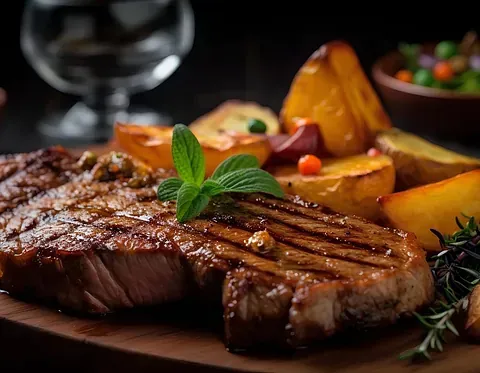 Un filete y patatas sobre una tabla de cortar de madera con una copa de vino de fondo.