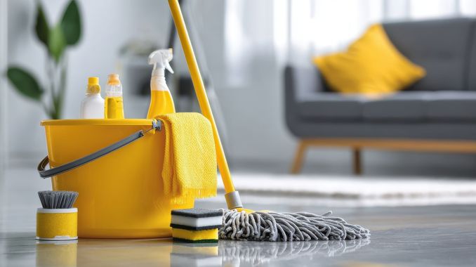Gelber Putzeimer mit Sprühflaschen, Mopp und Lappen im Wohnzimmer