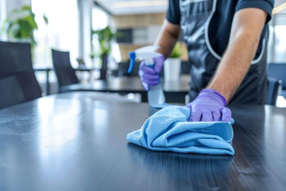 Eine Person, die in einer hellen Büroküche einen dunklen Tisch mit einem blauen Tuch abwischt und dabei violette Handschuhe trägt, steht dort vor einer hellen Büroküche.