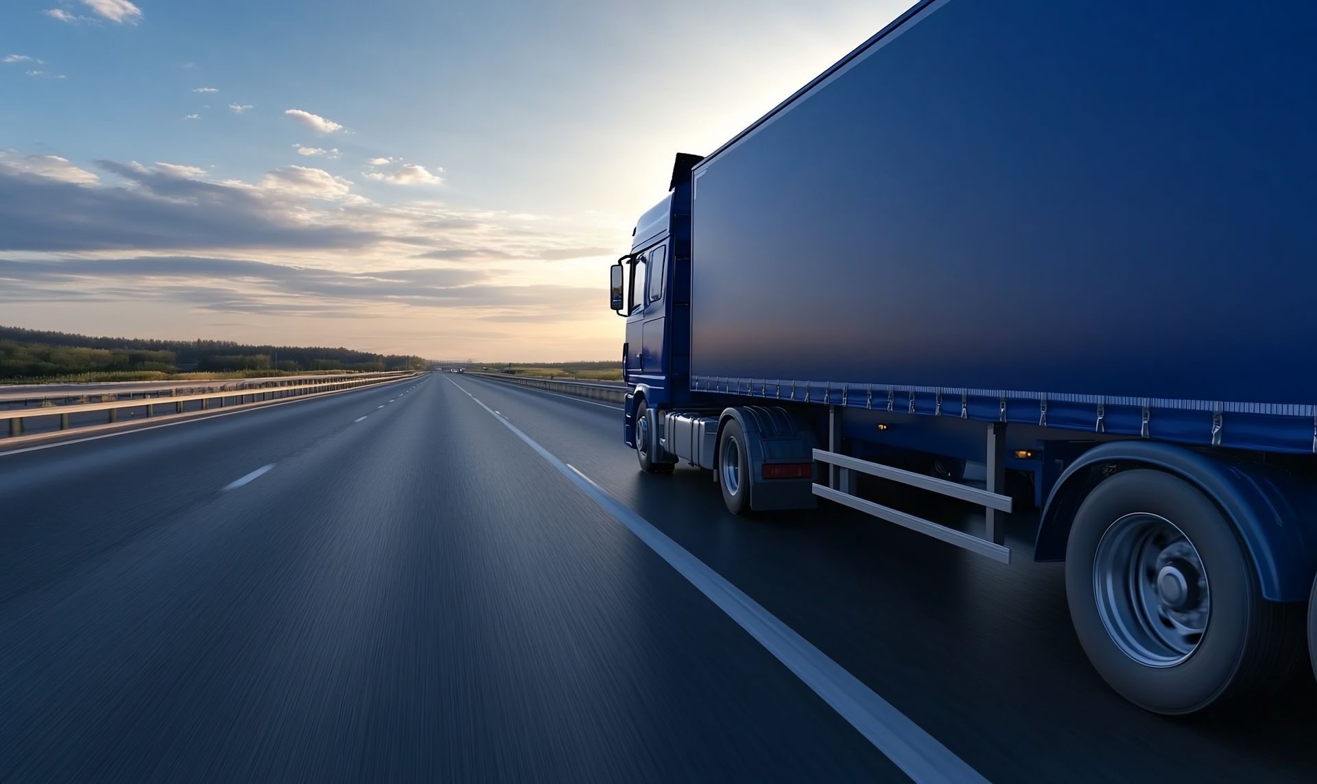 Camion bleu sur la route à l'aube