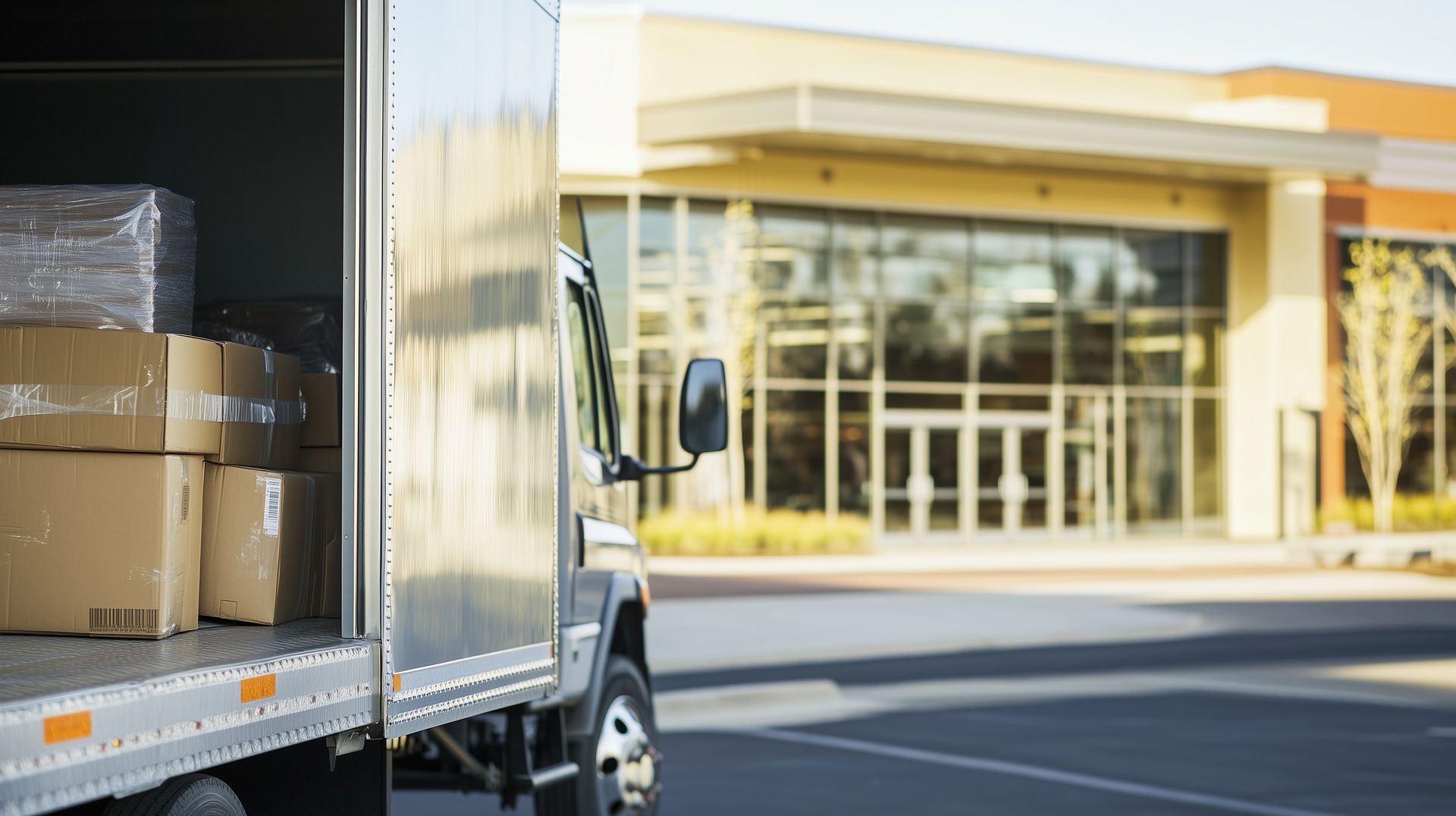 Porte d'un camion de transport de marchandises ouvert avec une vue sur des piles de cartons