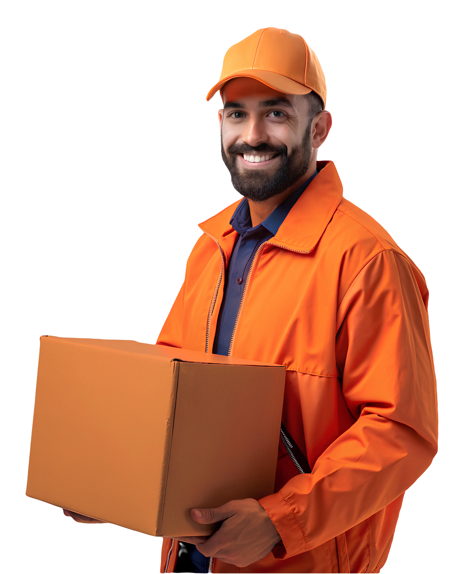 Homme souriant transportant un colis en carton