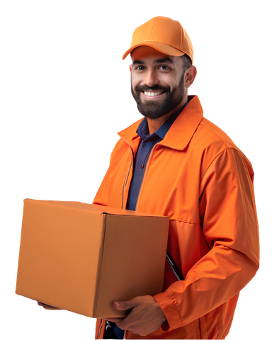Homme souriant transportant un colis en carton