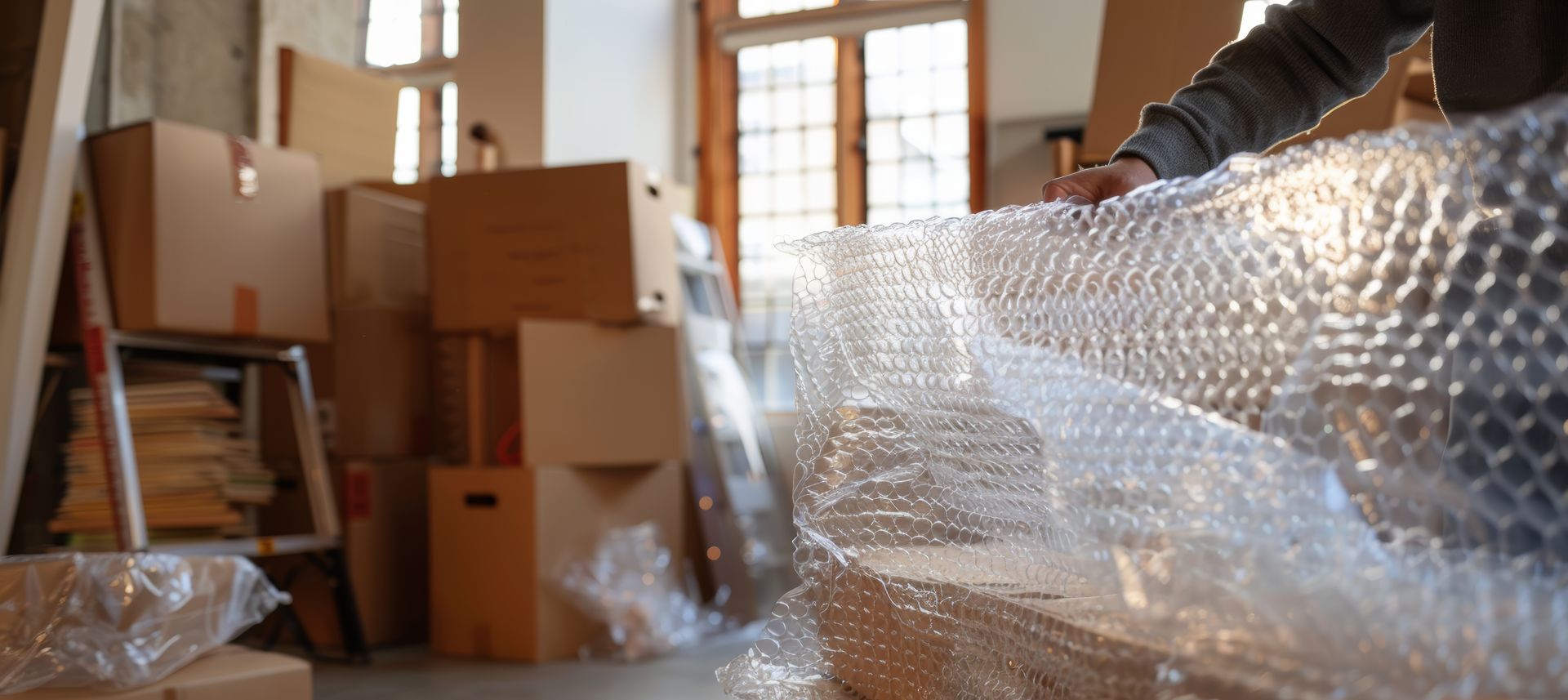 Main saisissant du papier bulle et tas de cartons en arrière-plan