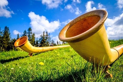 Zwei große, gelbe, hornförmige Skulpturen auf einer sonnigen, grünen Wiese unter blauem Himmel