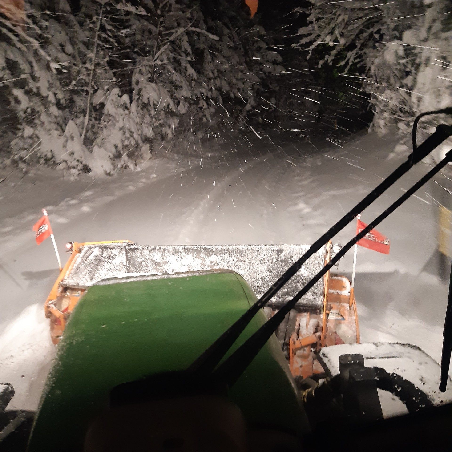 Blick aus dem Führerhaus eines Winterdienst-Fahrzeugs während einer Fahrt bei Schneefall.