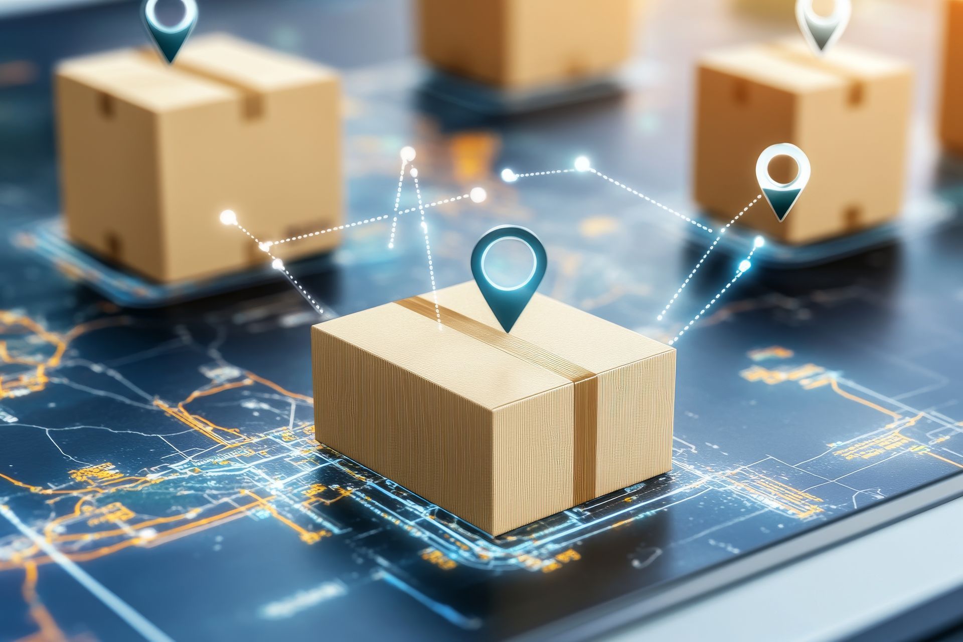 Boîtes en carton avec épingles de localisation, superposition de carte numérique, concept de suivi.