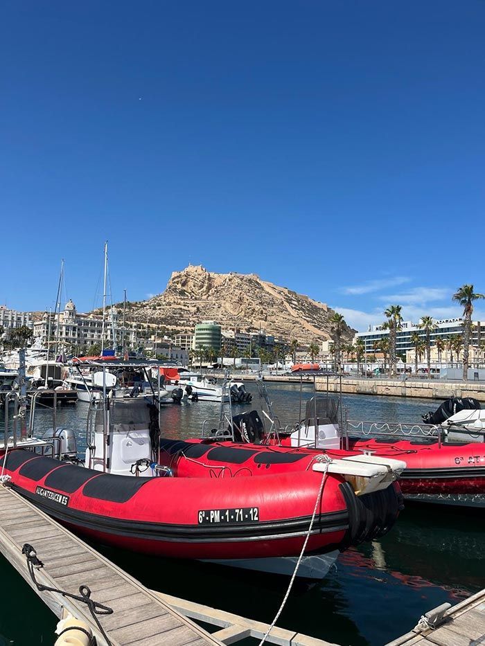 Botes inflables rojos y negros atracados en un puerto deportivo, con una colina rocosa y cielo azul al fondo.