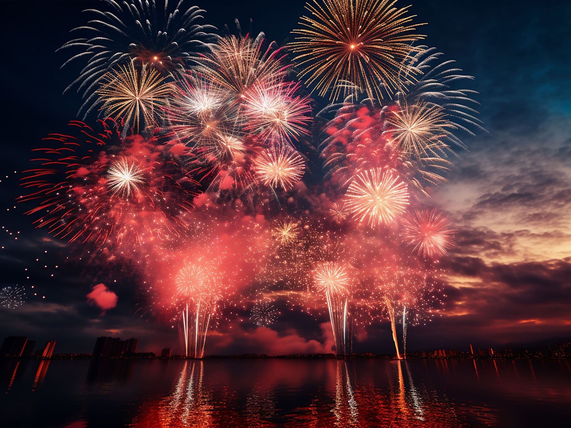 Fuegos artificiales estallando sobre aguas oscuras por la noche, con destellos rojos, dorados y blancos reflejados abajo.