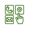 Una mano apunta a un icono de teléfono, correo electrónico y dirección.