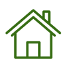 Un dibujo de línea verde de una casa con chimenea sobre un fondo blanco.