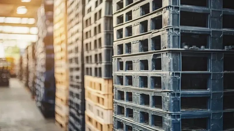 Pilas de palés de madera para envíos en varios tonos de marrón y tostado.